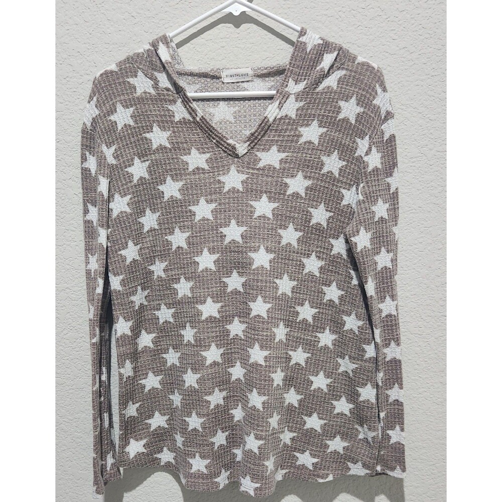 First Love Star Print Hoodie Gray White Pullover Sweatshirt Women’s S